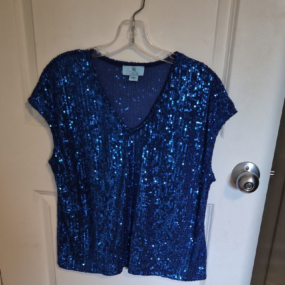 CeCe Blue Sequin V-Neck Short Sleeve Top